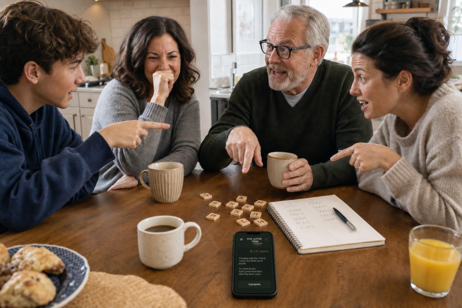 Family and friends laughing while debating word puzzle starting strategies