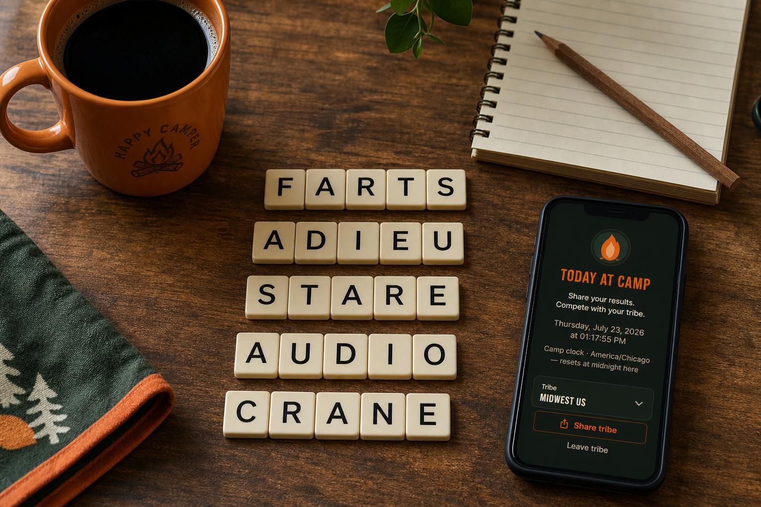 Letter tiles spelling several popular five-letter starting words beside coffee and a phone