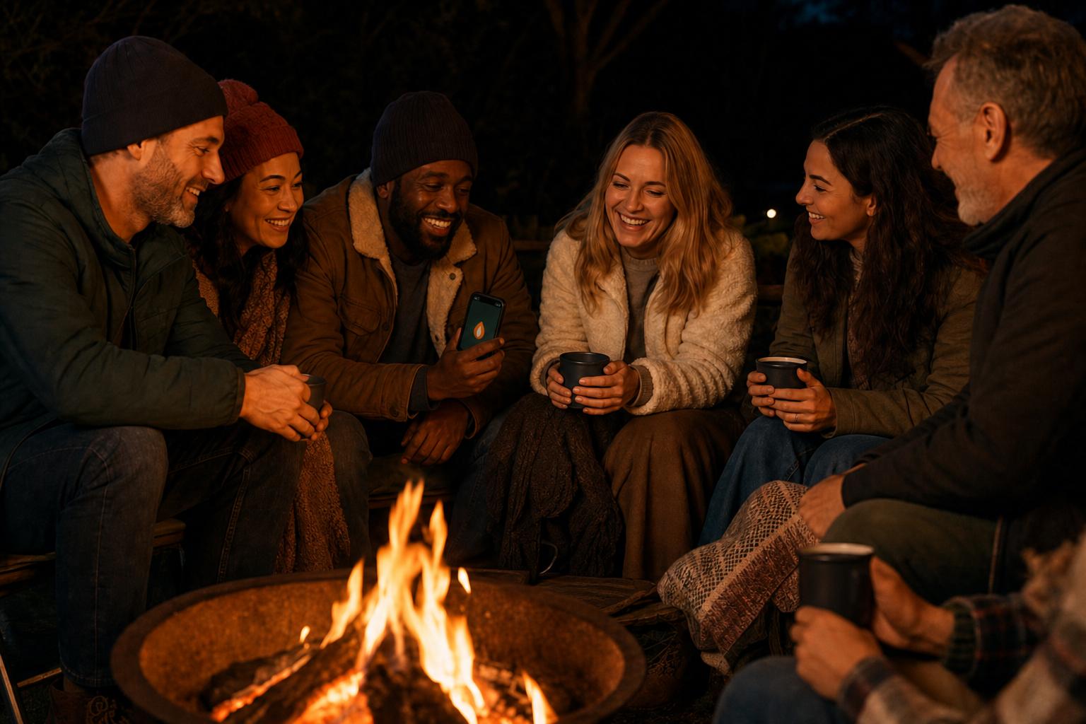 Friends and family laughing around a campfire while comparing word puzzle results