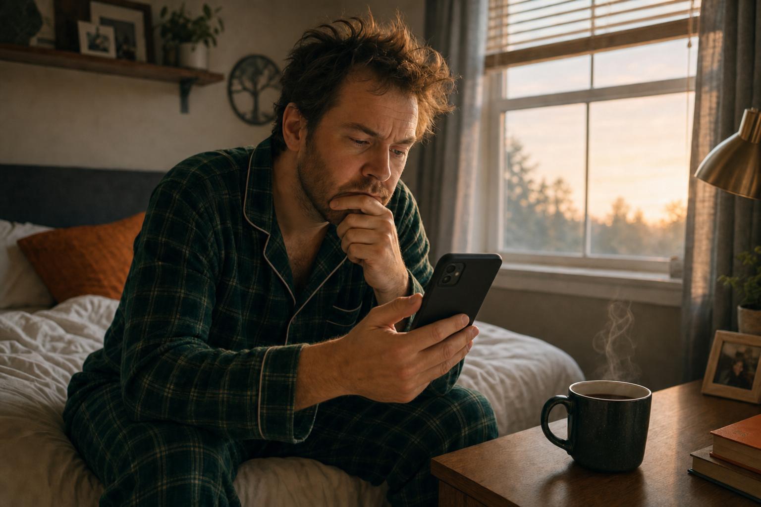 A sleepy person in pajamas concentrating intensely on a daily word puzzle
