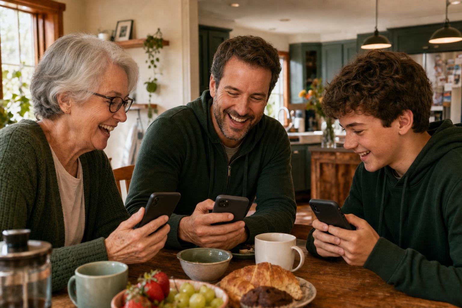 Three generations laughing together while comparing daily word puzzle results