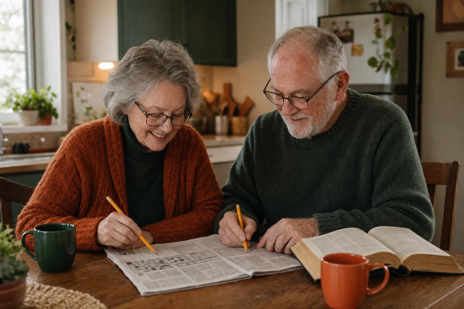An older couple solving the newspaper word puzzle together with coffee and a dictionary