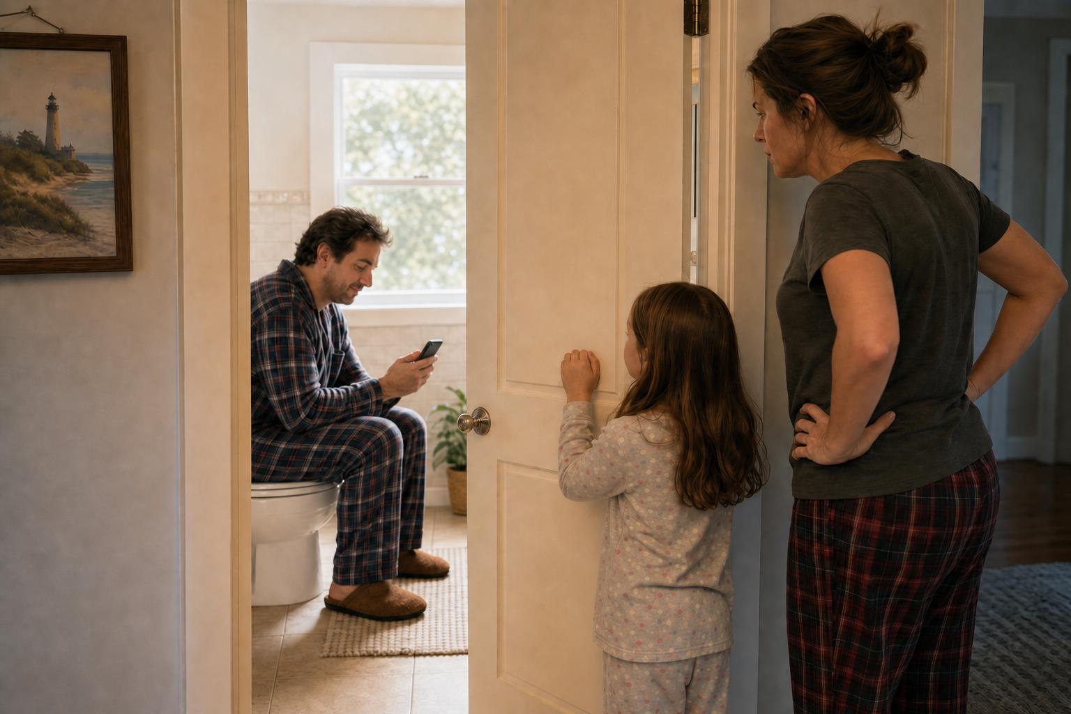 A parent and child patiently knocking on a closed bathroom door