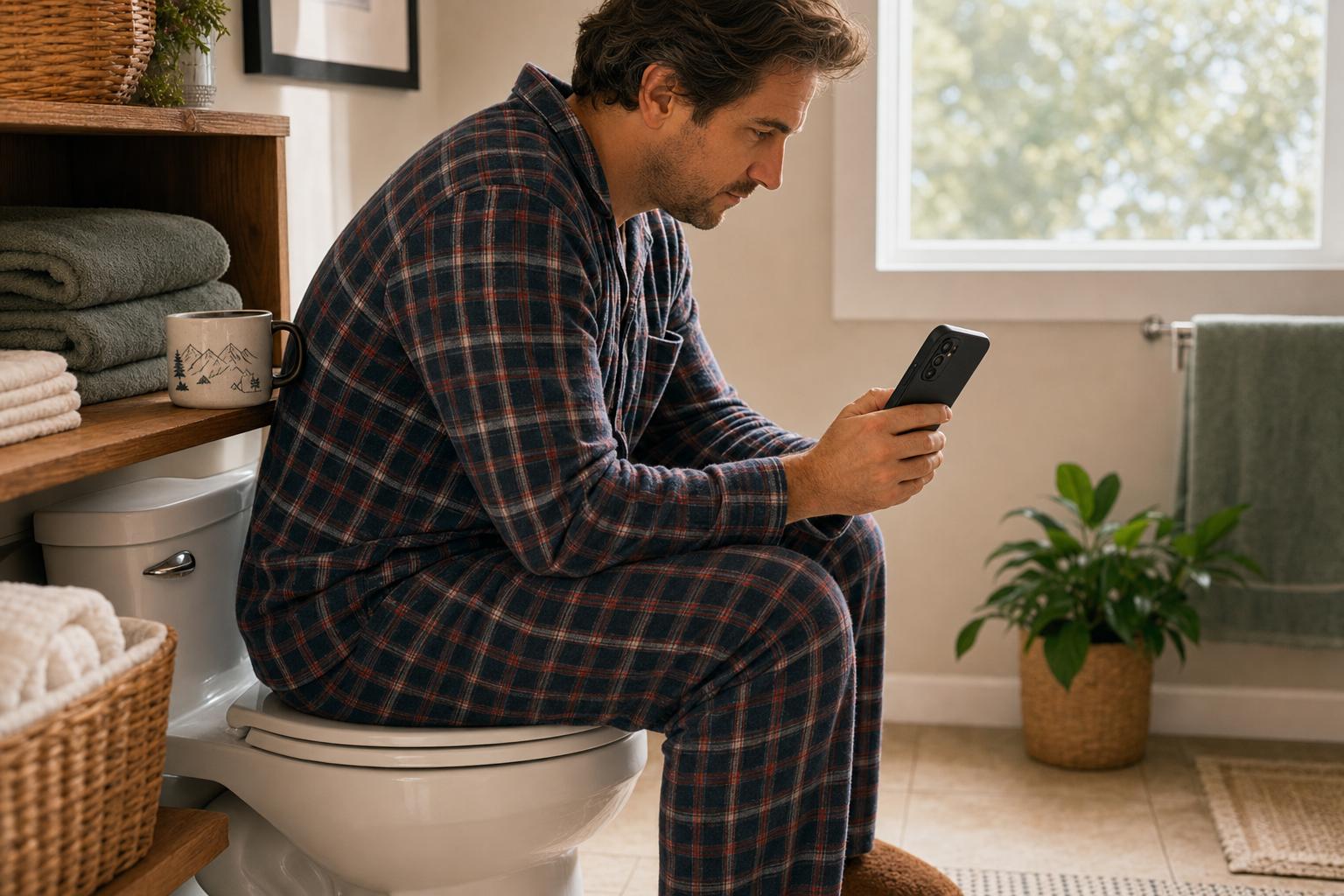 A fully clothed person in pajamas concentrating on a phone in a tidy bathroom